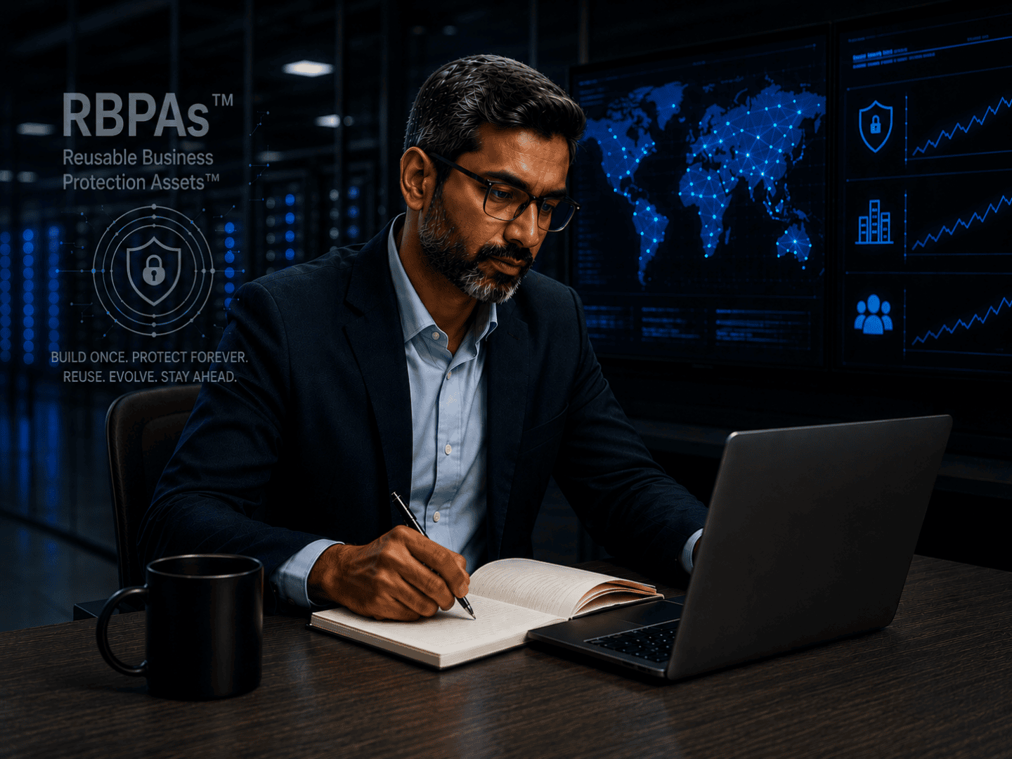 Person taking notes by laptop with security monitors