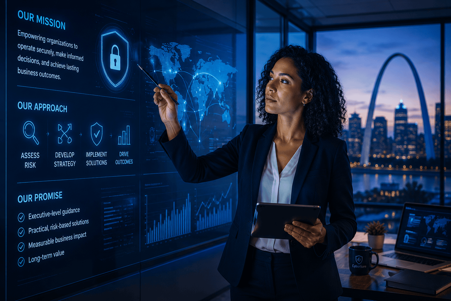 Woman using touchscreen cybersecurity dashboard