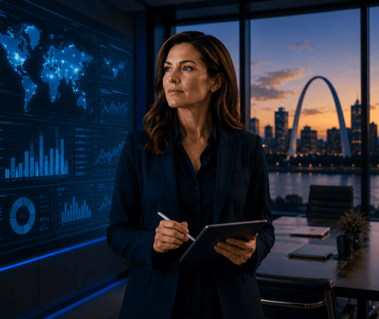 Woman with tablet in data-driven office overlooking city