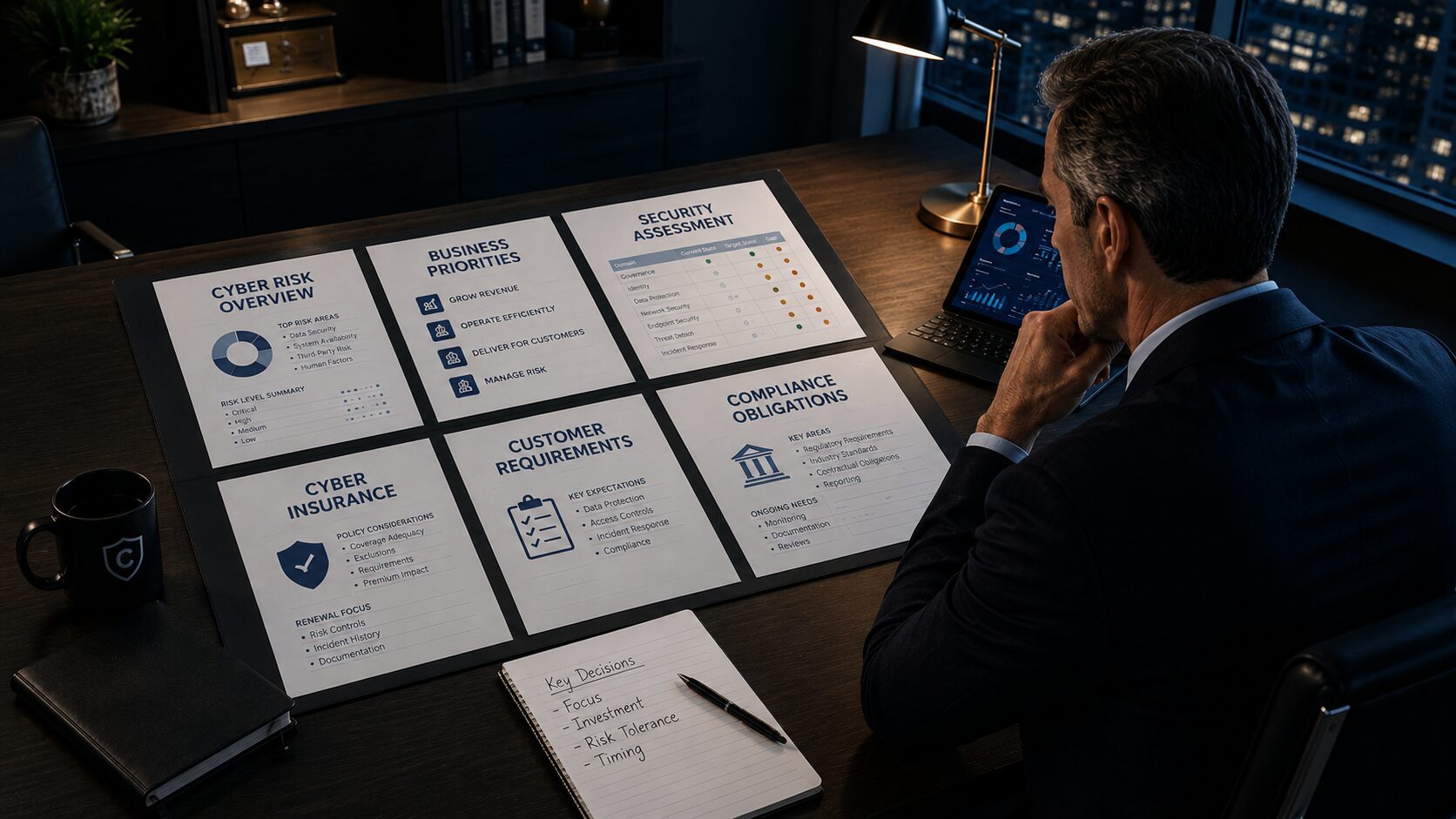 Business executive reviewing cybersecurity decisions, business priorities, cyber risk, insurance, customer requirements, and compliance