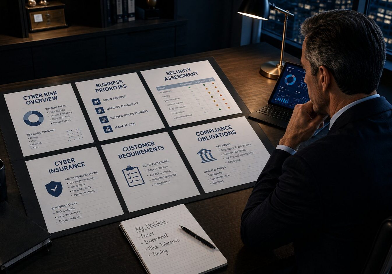 Business executive reviewing cybersecurity decisions, business priorities, cyber risk, insurance, customer requirements, and compliance